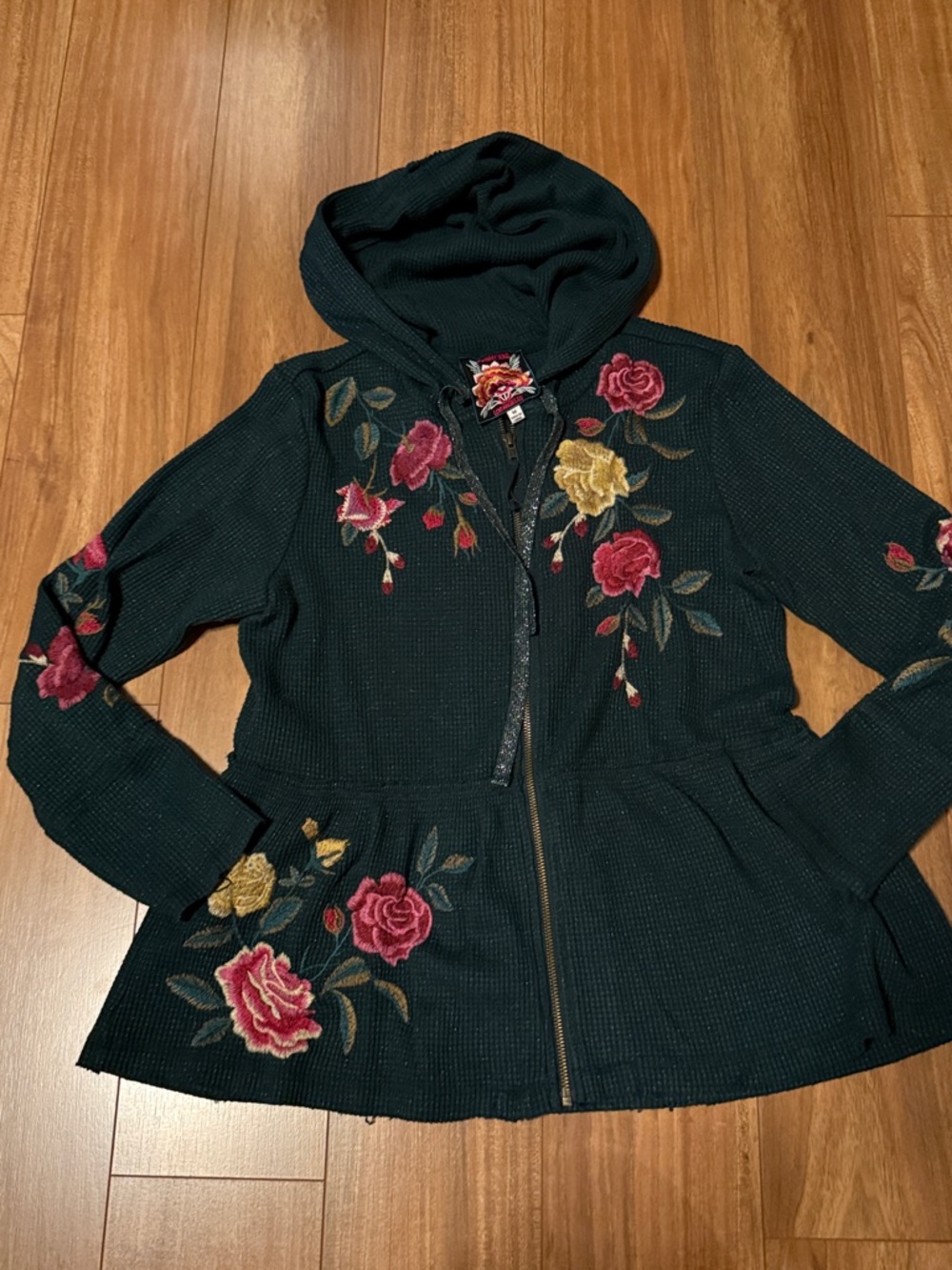 Johnny Was Embellished Floral Hooded Zip Cardigan - Dark Green